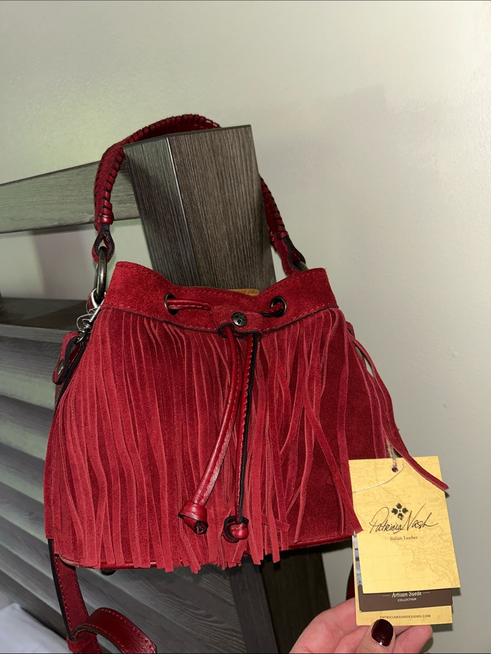 Patricia Nash Suede Bucket Bag With Fringe Leather Handle Dust Bag Wine Red, NWT